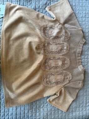 UNBRANDED.  Women's Short-Sleeve Crochet Panel Sweater - Beige XS